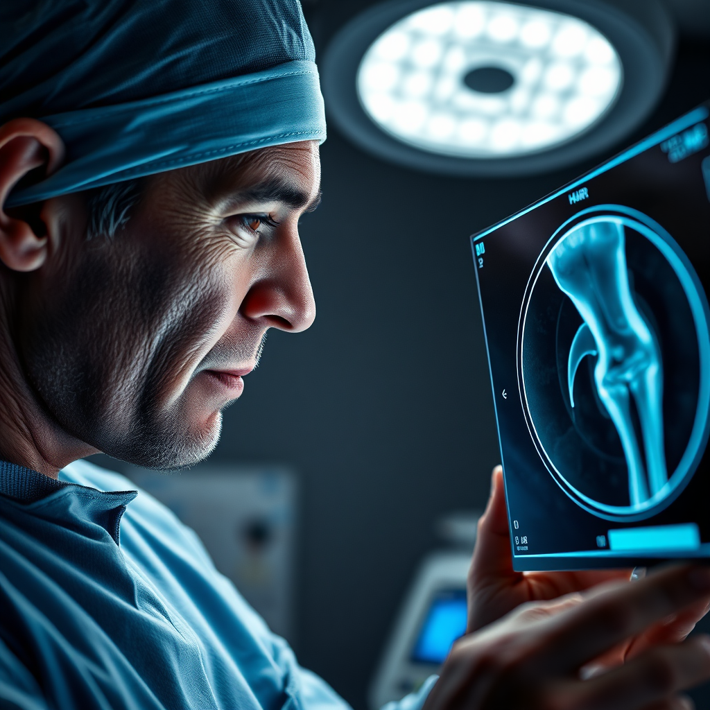A detailed, photorealistic close-up image of an orthopaedic surgeon examining an MRI scan of a patient's knee. The focus is on the surgeon's concentrated expression and the intricate details visible on the scan. The lighting is bright and focused, highlighting the diagnostic process. The color palette is muted and professional, with accents of blue and gray. The camera angle is close-up, emphasizing the precision and attention to detail. Textures should be highly detailed, showcasing the texture of the MRI film and the surgeon's skin. The environment is a dimly lit radiology room. The style is photorealistic, aiming for a 4K resolution image that conveys expertise and precision.
