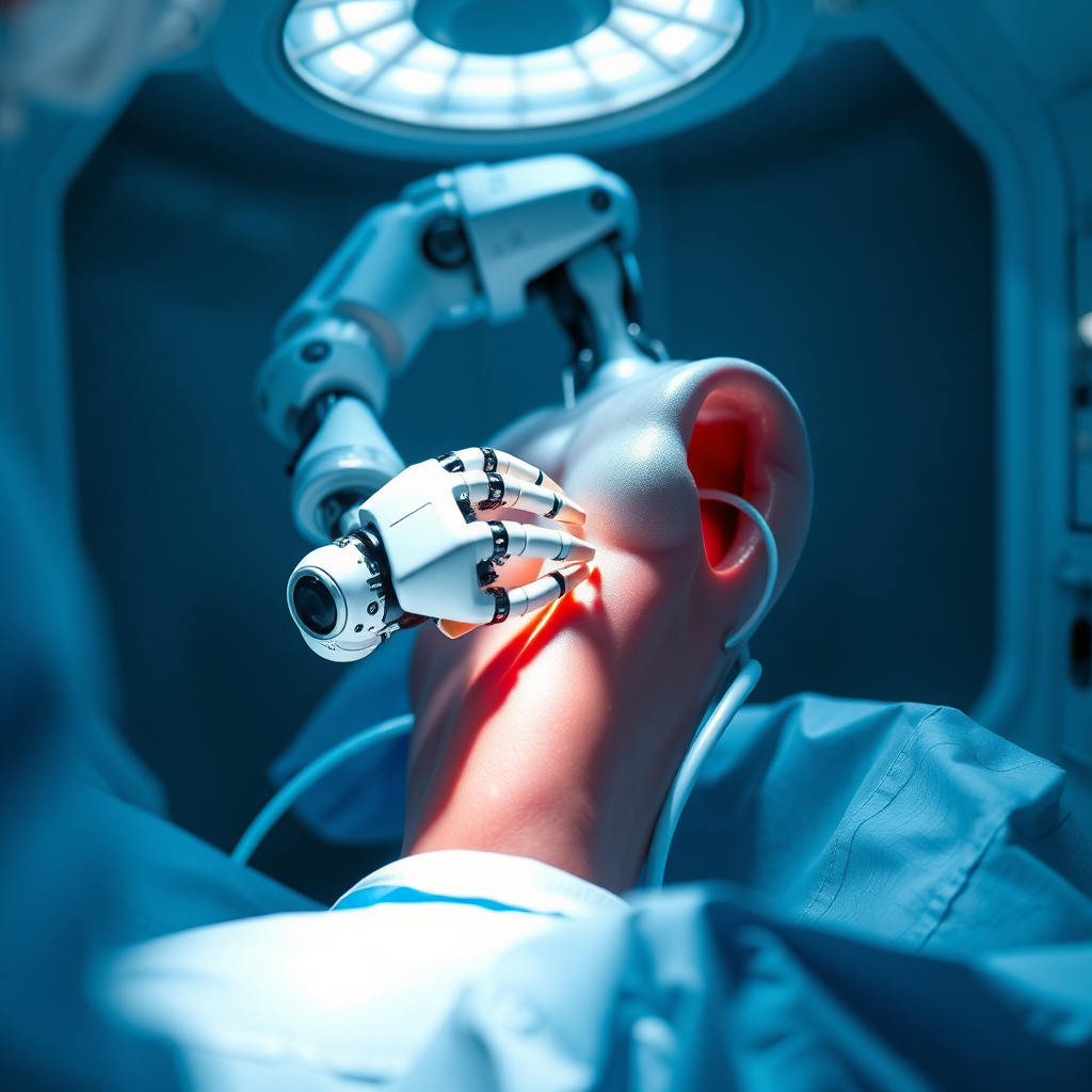 A stylized image representing surgical precision. A robotic arm performing a delicate surgical procedure inside a human body. The environment is futuristic, clean and sterile. Lighting is dramatic. The colour palette is cool blues and silvers. The camera angle is dynamic and highlights the precision of the robotic arm. 4k resolution.